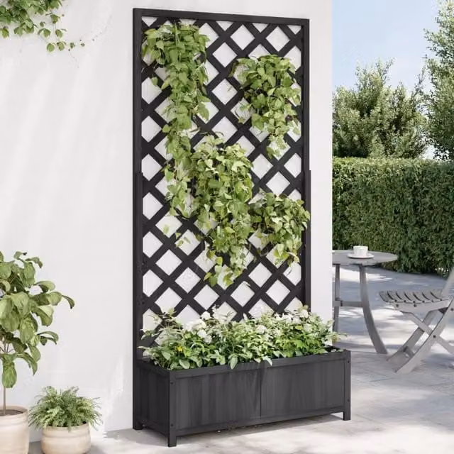 Berkfield Home Black Solid Wood Fir Planter with Trellis