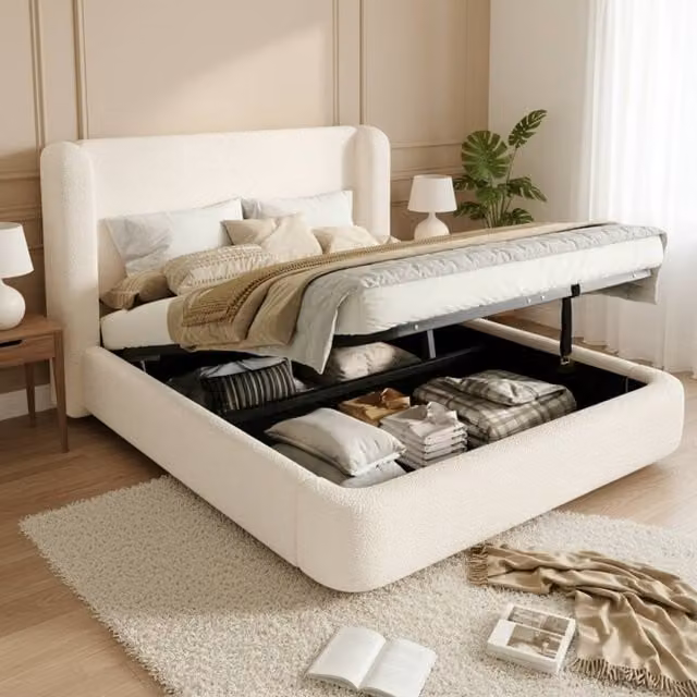 Rolipo King Size Bouclé Wingback Ottoman Storage Bed in White – 1