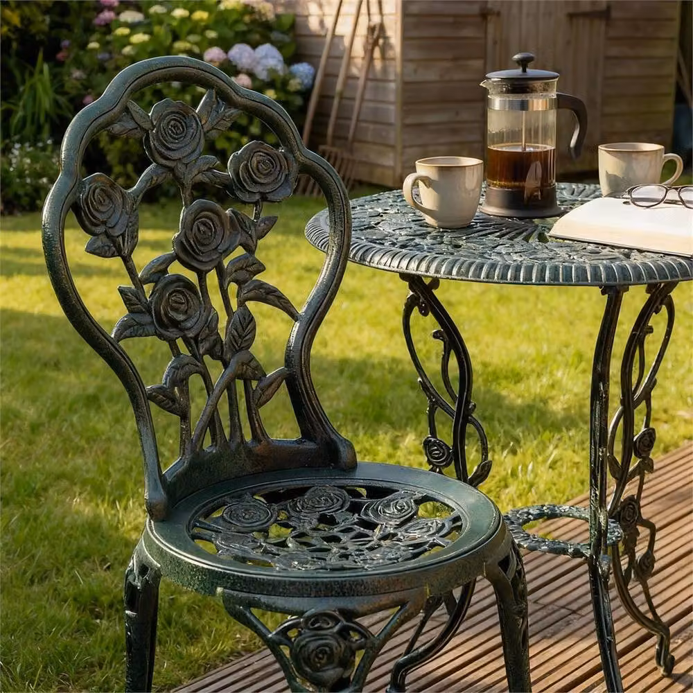 FORGEVIO Antique Green Floral Metal Bistro Set for Garden and Terrace – 4