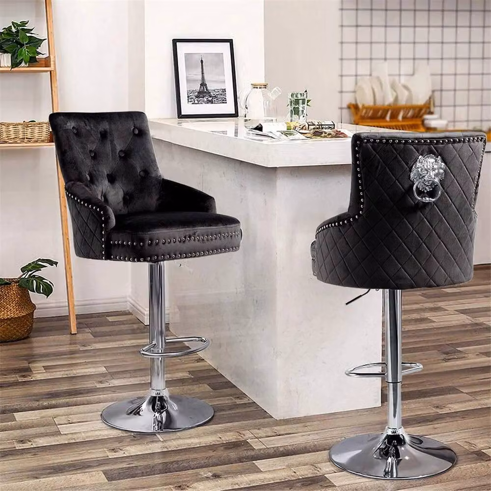 SPETLEK Black Velvet Swivel Bar Stool with Armrests – 2