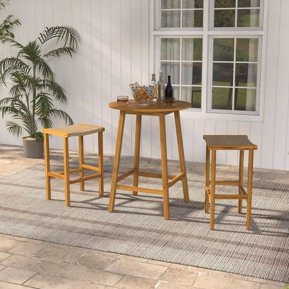 KORVIXA Set of 2 Rustic Brown Acacia Wood and Rattan Bar Stools – 3