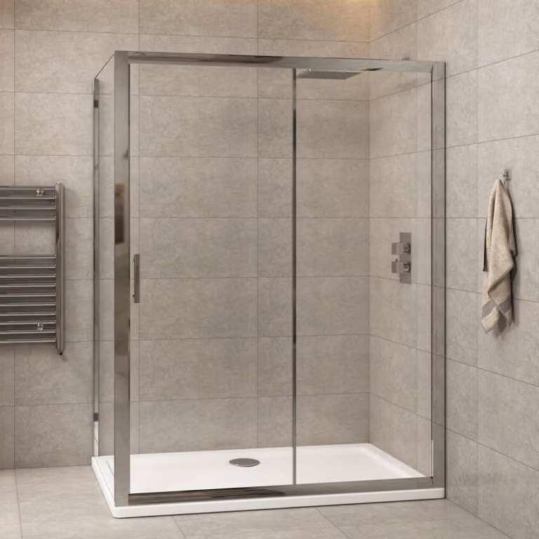 Royal Bathrooms Grand Rectangular Sliding Door Shower Enclosure with 6mm Transparent Glass and Silver Trim, W: 100 cm, D: 76 cm