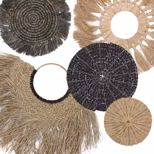 Ancient Wisdom Bintang Collection Set of Six Multicolour Round Rattan Abstract Wall Art