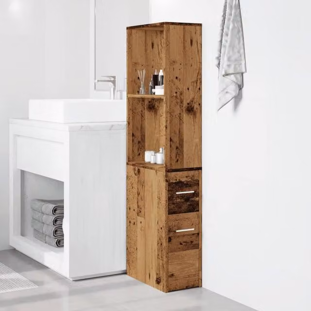 Berkfield Home Narrow Bathroom Cupboard with Wheels in Old Wood Brown, H 135 x W 22 x D 41 cm
