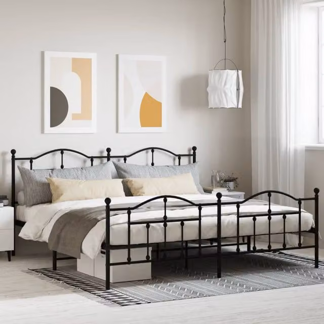 Berkfield Home Metal Bed Frame with Headboard and Footboard in Black, W/D/H: 193 x 203 cm