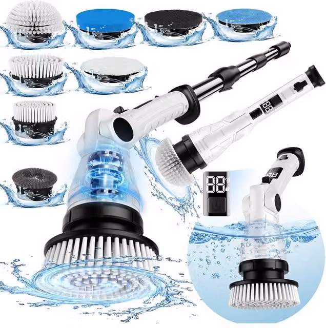Living and Home 8 in 1 Cordless Handheld Electric Spin Scrubber with Long Handle, White