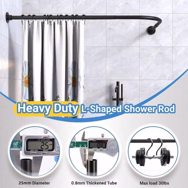 PAWNORA L-Shaped Stainless Steel Shower Curtain Rod with 24 Rings, Black, W/D: 70-100 x 70-100 cm – 1