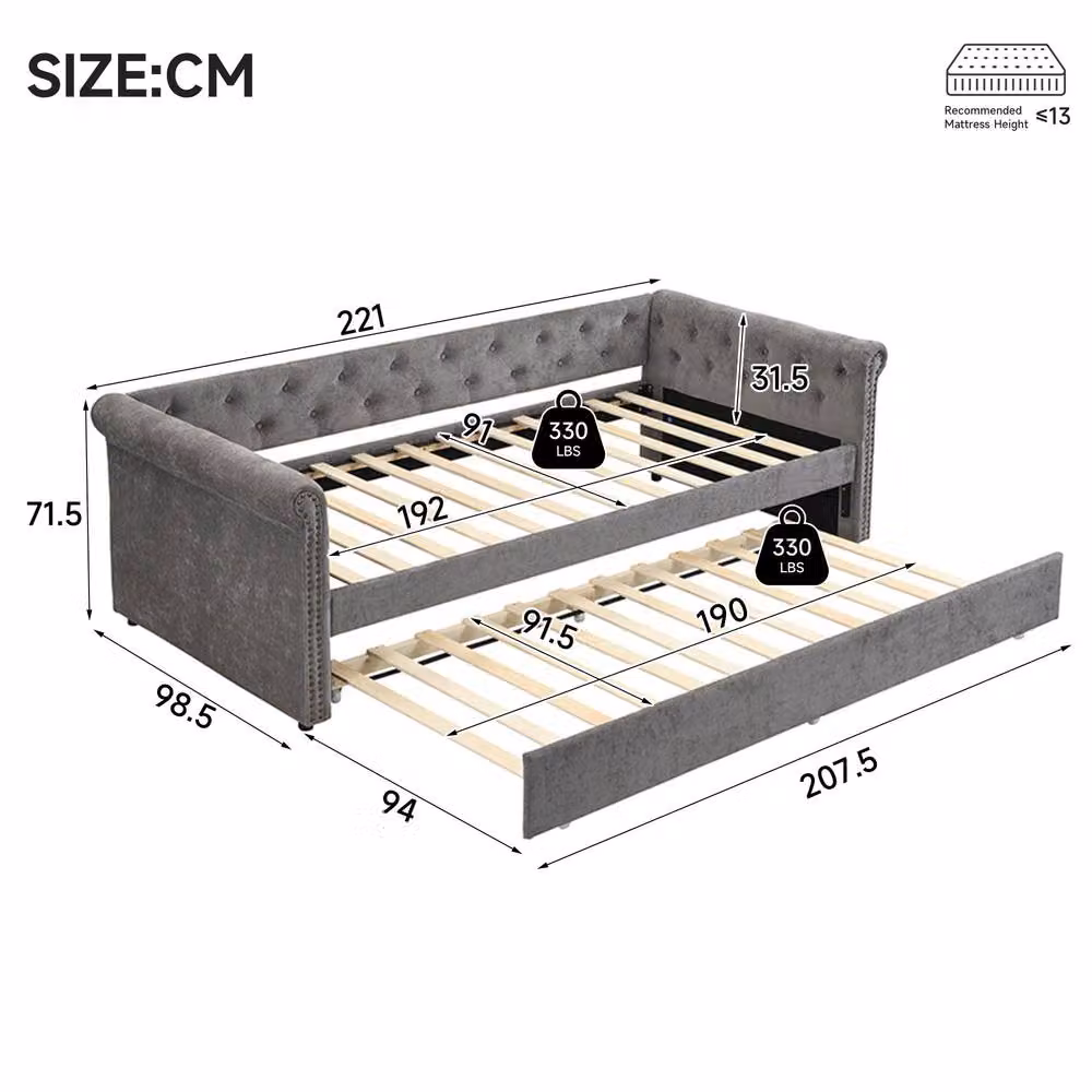 STILVORA Modern Single Upholstered Velvet Daybed in Grey, W/D/H: 90 x 190 cm – 3