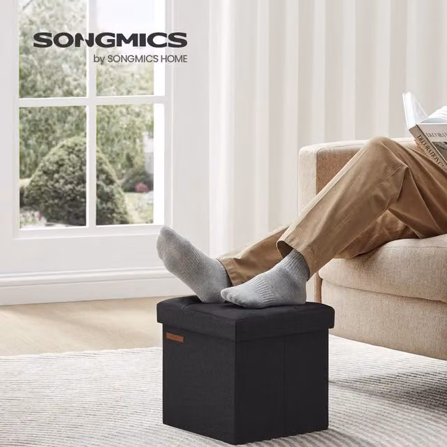 SONGMICS Foldable Storage Ottoman Footstool in Black