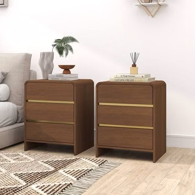 Melody Maison Meridian Walnut Range Pair of 3 Drawer Bedside Tables in Brown and Gold – 1