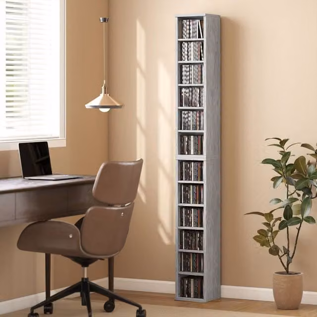 HOMCOM Set of 2 Mid Grey CD and DVD Storage Units with Adjustable Shelves – 1
