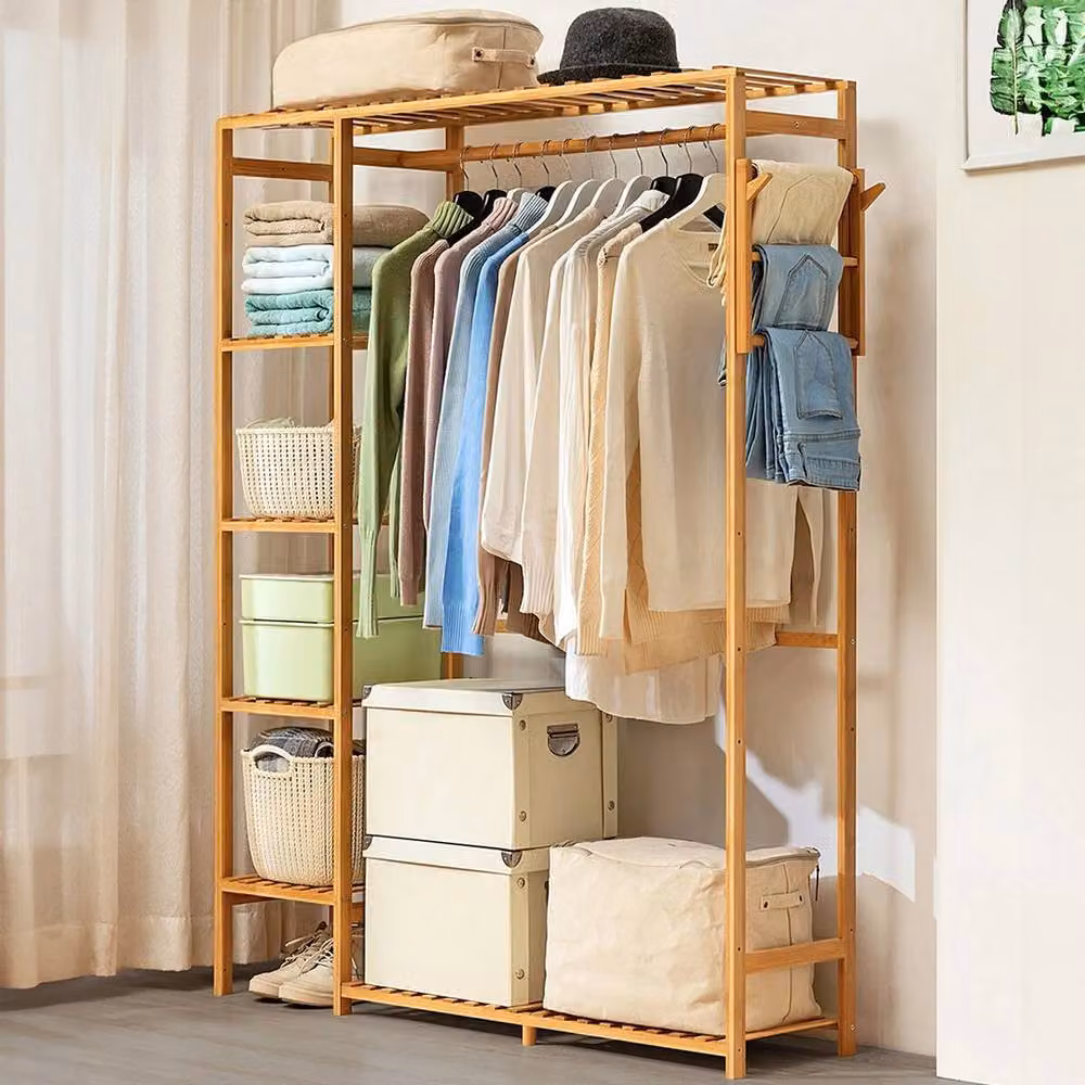 KORVIXA Brown Wooden Clothes Rail Rack Garment Hanging Stand W: 90 cm – 2