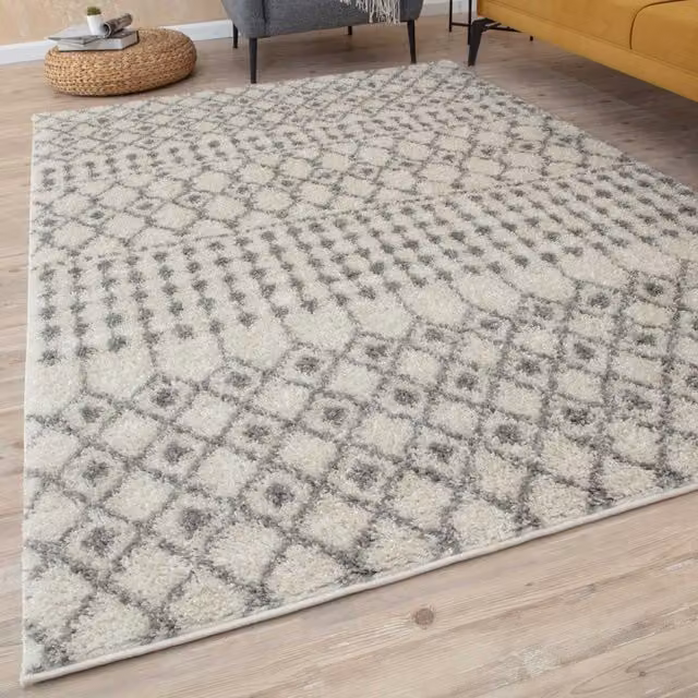THE RUGS Moroccan Soft High Pile Shaggy Tribal Rug in Off-White, W: 120 cm, L: 170 cm