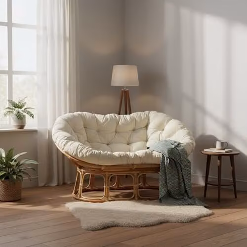 Desser Natural Rattan Double Papasan Chair with Beige Bouclé Fabric Cushions, H97 x W170 x D85 cm – 3