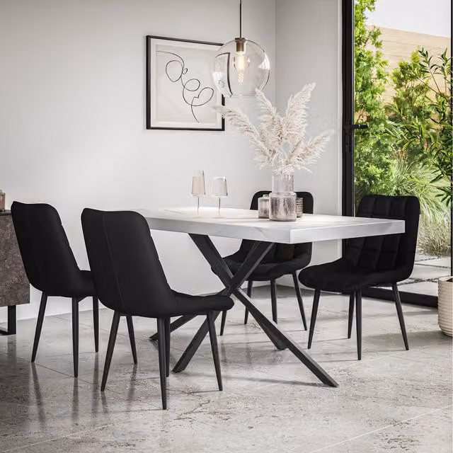 More4Homes Donni Dining Table and 4 Nova Faux Leather Chairs with Marble Effect Top in Black and White