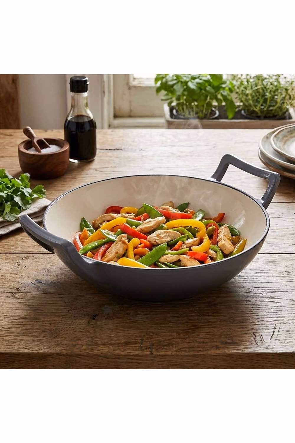 Living and Home Enamelled Cast Iron Stir-Fry Pan Wok, Grey, Depth: 30 cm – 2