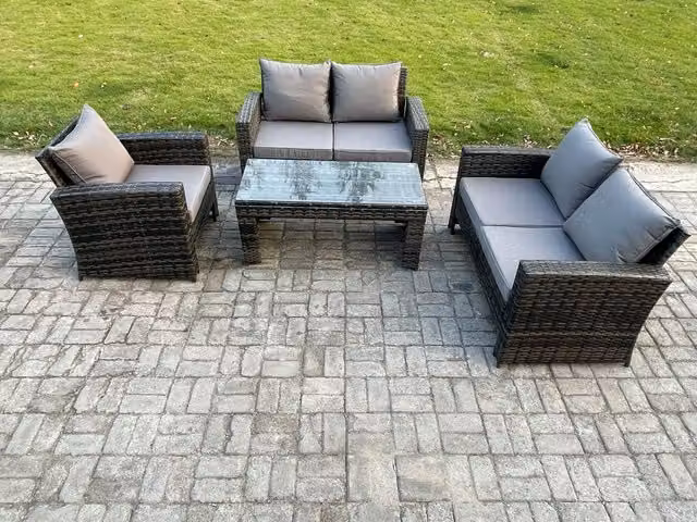 Fimous 4-Piece Rattan Garden Furniture Set in Grey with Upholstered 2-Seater Sofa, Armchair, Coffee Table and Cushions
