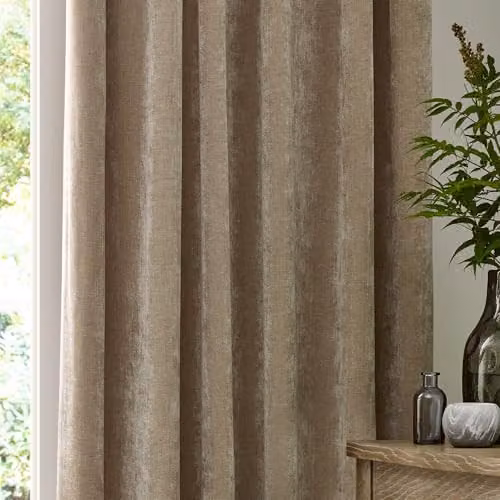 Riva Home Heavy Chenille Velvet Room Darkening Pencil Pleat Curtain Pair in Beige Sand, W: 229 cm, D: 137 cm – 3