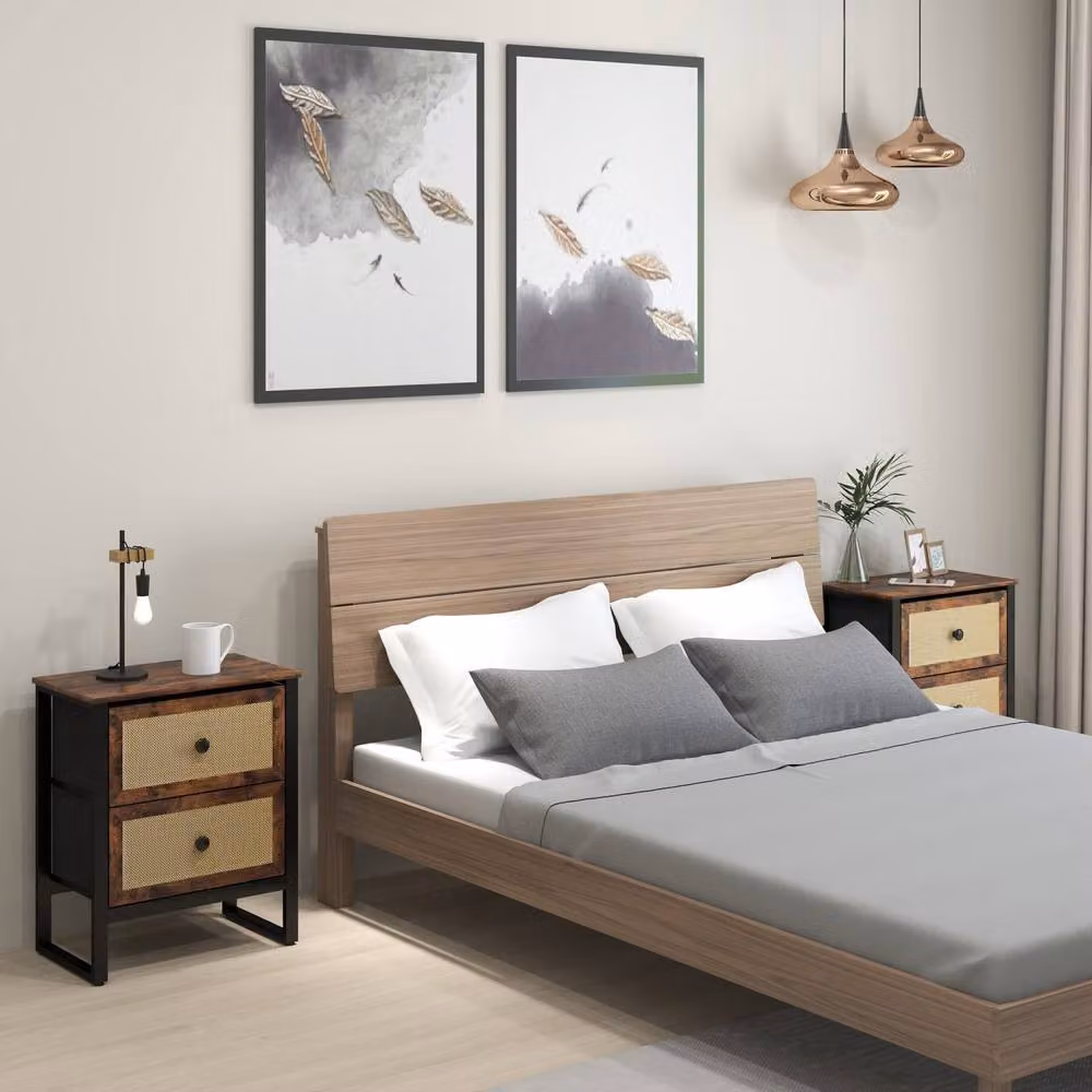 Wyld Haus Lamilu Vesa Set of 2 Industrial Bedside Tables in Rustic Brown with 2 Drawers – 3