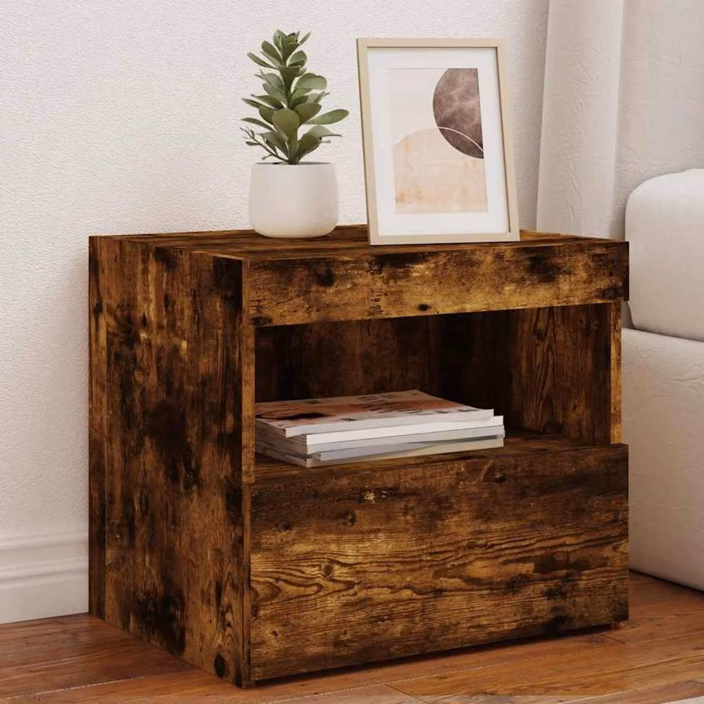 Berkfield Home Bedside Cabinet with Integrated LED Lights in Smoked Oak Brown, W: 50 cm, D: 40 cm, H: 45 cm – 2