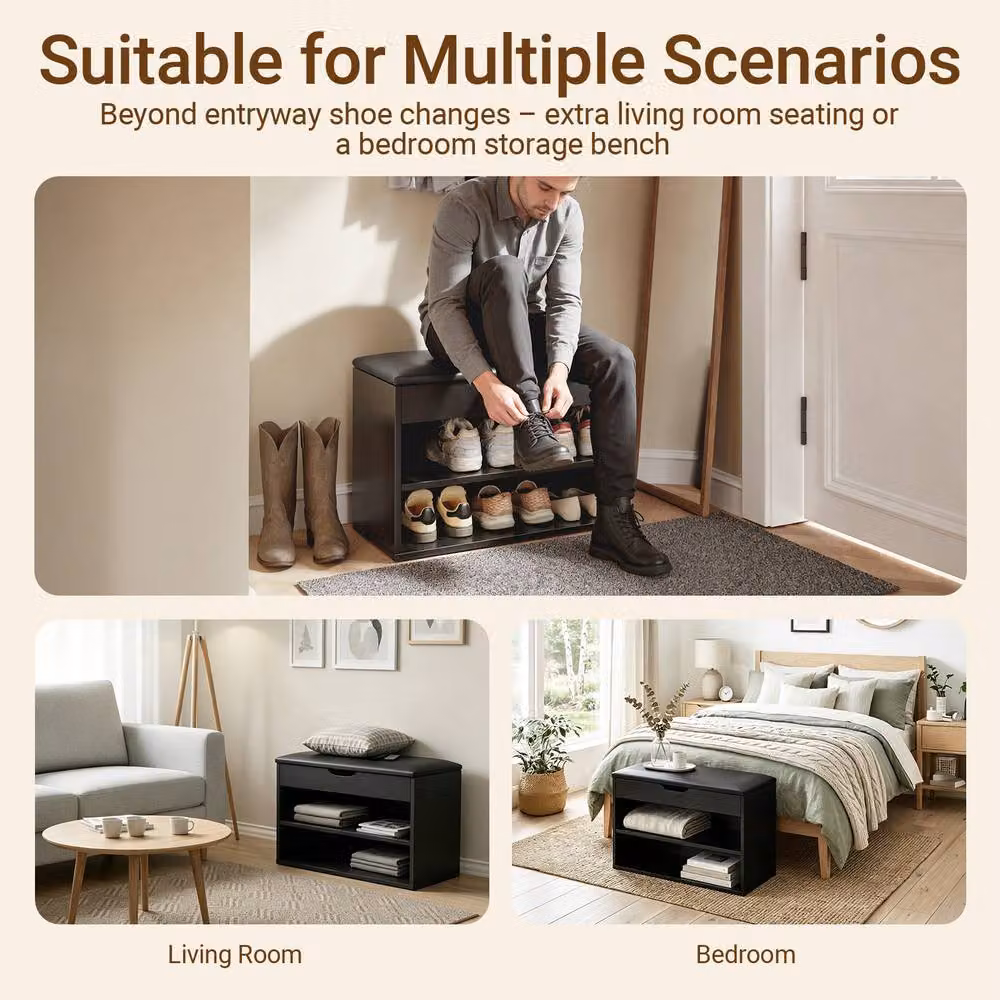 SoBuy Modern Black Hallway Shoe Rack and Entrance Bench with Synthetic Leather Padded Seat – 7