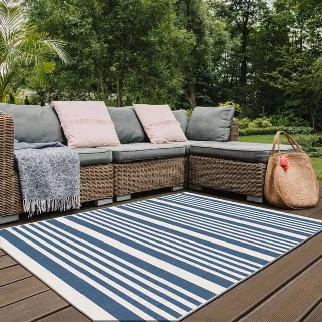THE RUGS Reversible Modern Striped Duo Weave Outdoor Rug in Blue, W: 160 cm, D: 230 cm