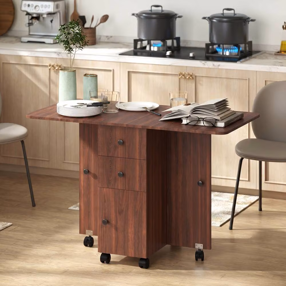 STILVORA Modern Brown Drop Leaf Dining Table with Storage and Castors – 2