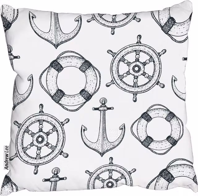 Andrew Lee Nautical Round Wheel Cushion in White, Diameter: 60 cm