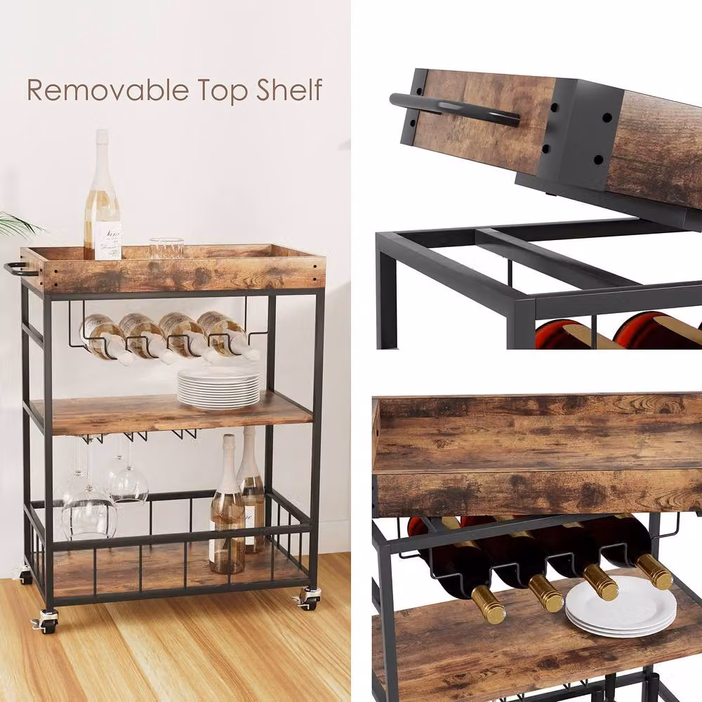 Huhote 3-Tier Industrial Bar Cart with Wine Rack and Handle Serving Trolley in Brown – 6