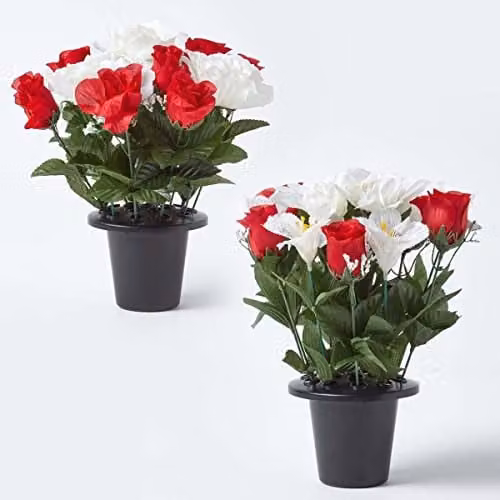 Homescapes Set of 2 Red and White Mixed Artificial Flowers with Black Pots for Condolence and Grave Decoration, Height: 30 cm – 1