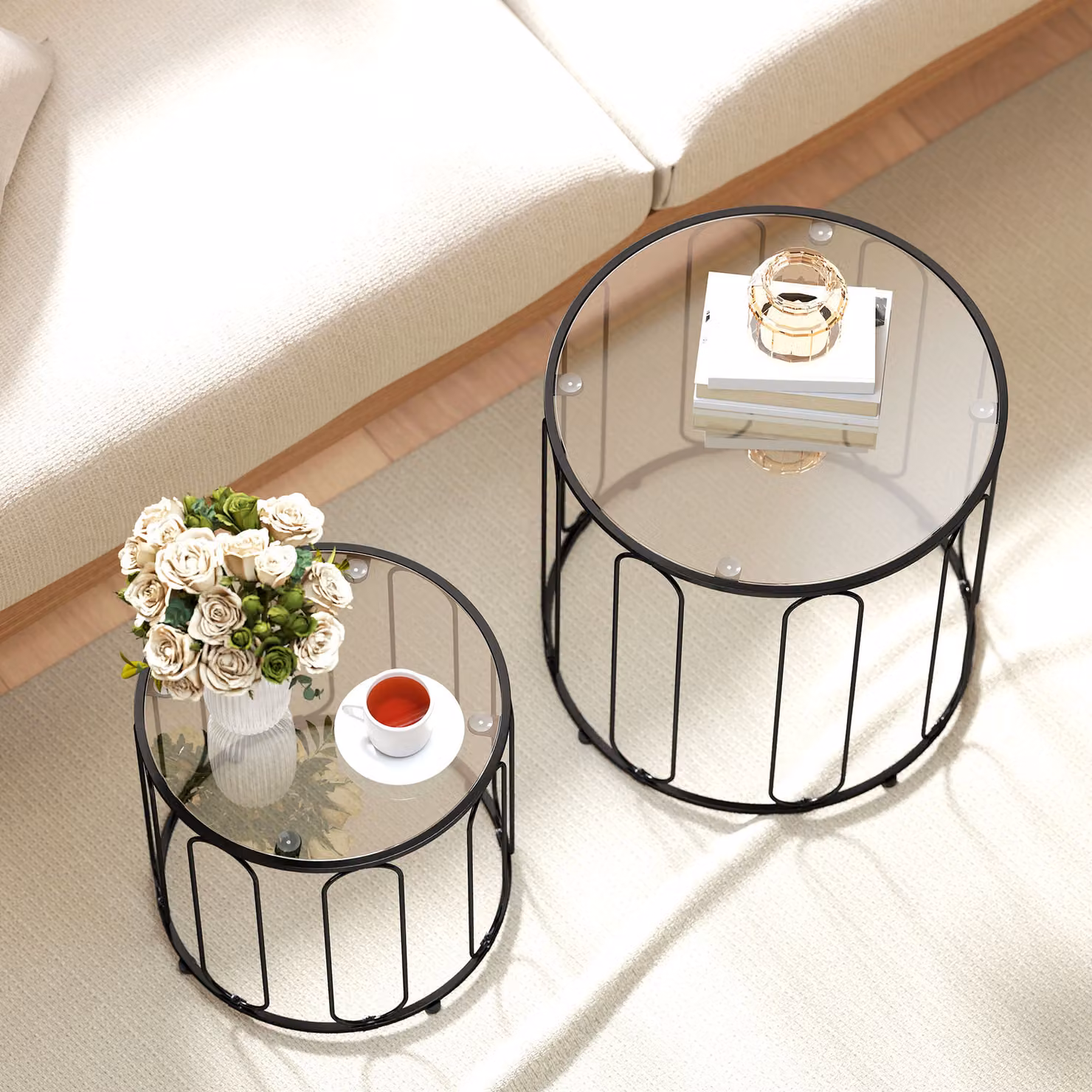 HOMCOM Modern Round Nesting Tables with Glossy Glass Tops and Metal Sled Base, Black – 3