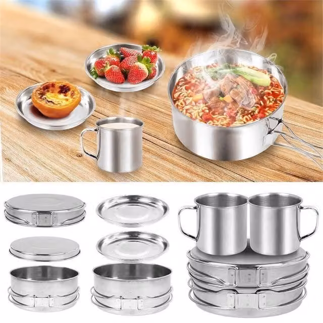 VOGREX 8-Piece Stainless Steel Hiking Cookware Set in Silver