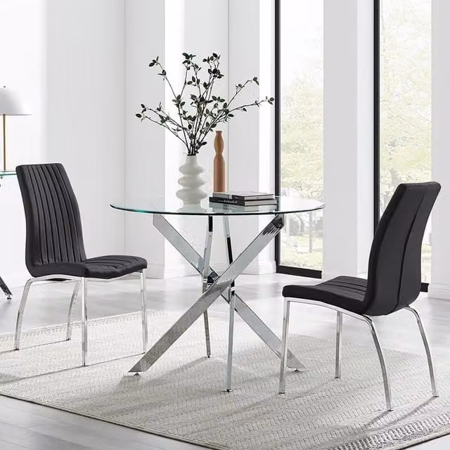 FurnitureboxUK Novara Round Glass Dining Table and 2 Black Isco Chairs, Diameter: 100 cm