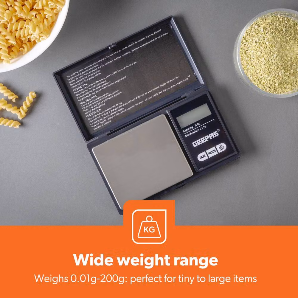 Geepas Black Precision Pocket Scale with 0.01g Accuracy and Stainless Steel Finish, 200g Capacity – 2