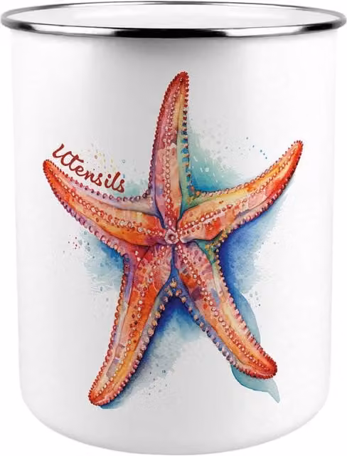 Purely Home Starfish Kitchen Utensil Holder, Orange and White Metal Freestanding Design