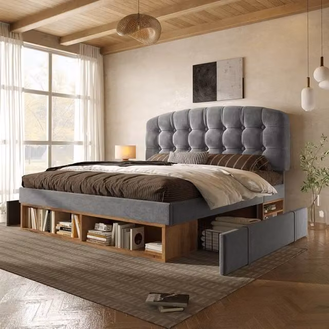 Rolipo Grey Velvet Double Bed with Drawers and Adjustable Headboard, W/D/H: 140 x 200 cm