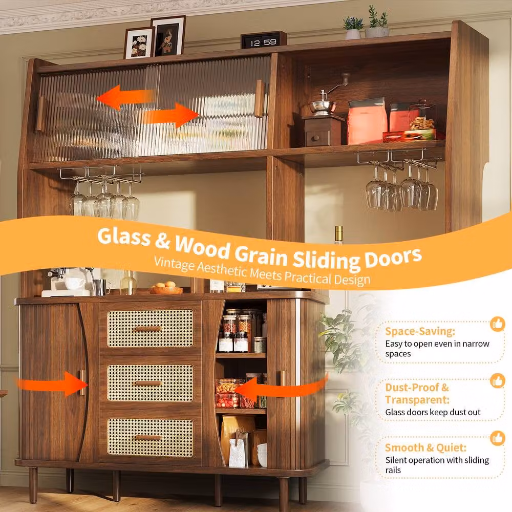 Rolipo Tall Rattan Sideboard Kitchen Cabinet with Glass Sliding Doors in Walnut and Brown – 3