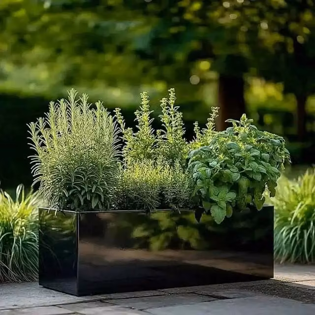 Black Galvanised Steel Woven Wood Tub Planter for Ornamental and Herb Gardens, 75 cm