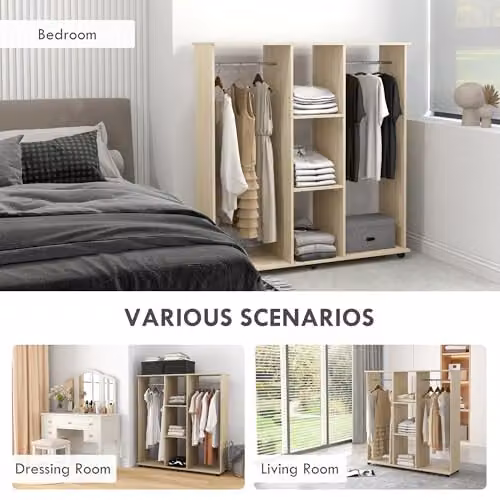 HOMCOM Mobile Double Open Wardrobe with Clothes Hanging Rail and 3 Shelves in Natural and Beige – 4