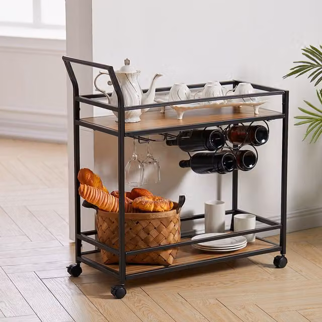 Livingandhome Black Metal and Wood 4-Wheel Kitchen Trolley with Castors, Height: 77 cm