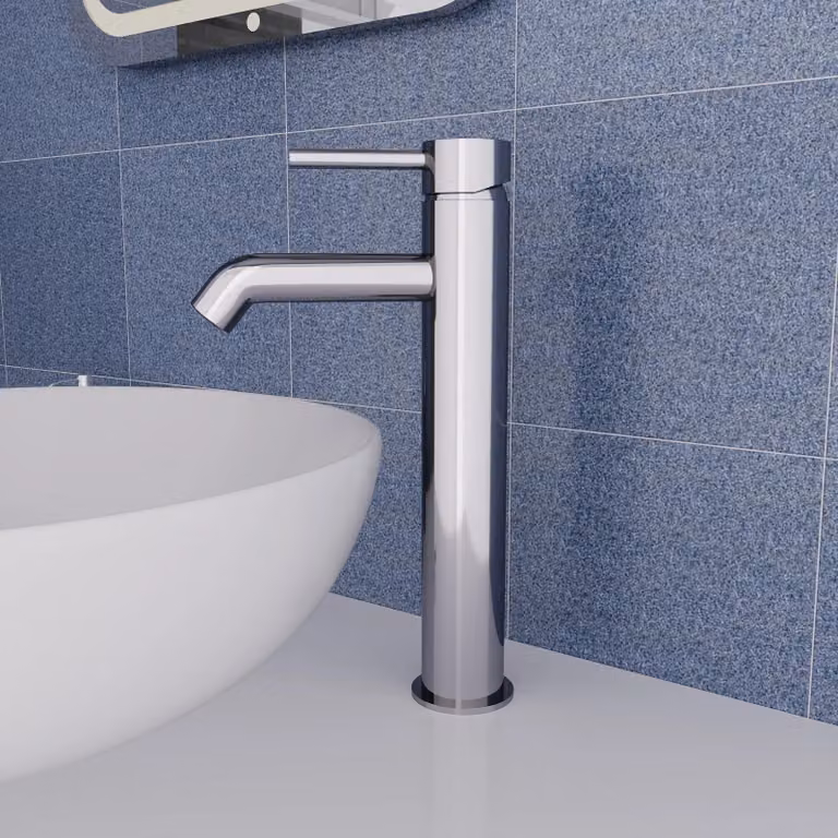 Nes Home Chrome Round Single Lever High Rise Basin Mono Mixer Tap with Pop Up Waste in Silver