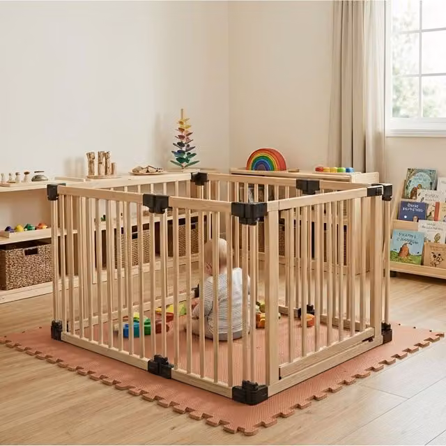 Safetots Hexagonal Wooden Play Den with Soft Foam Play Mat, Dusty Blue and Natural, W/D/H: 180 x 150 x 80 cm