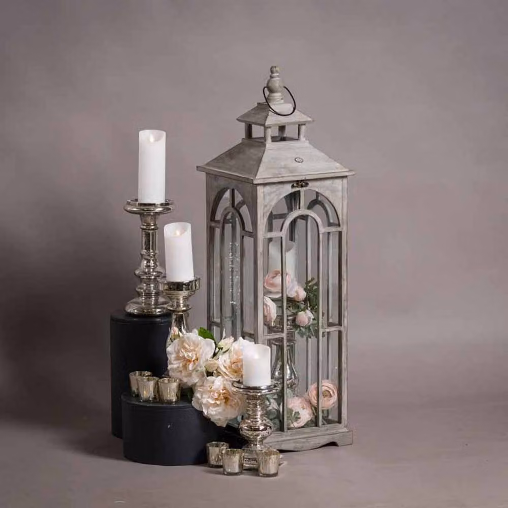 Lemon Pavilion Set of Three Wooden Lanterns with Archway Design in Grey, W: 31 cm, D: 31 cm, H: 104 cm – 3