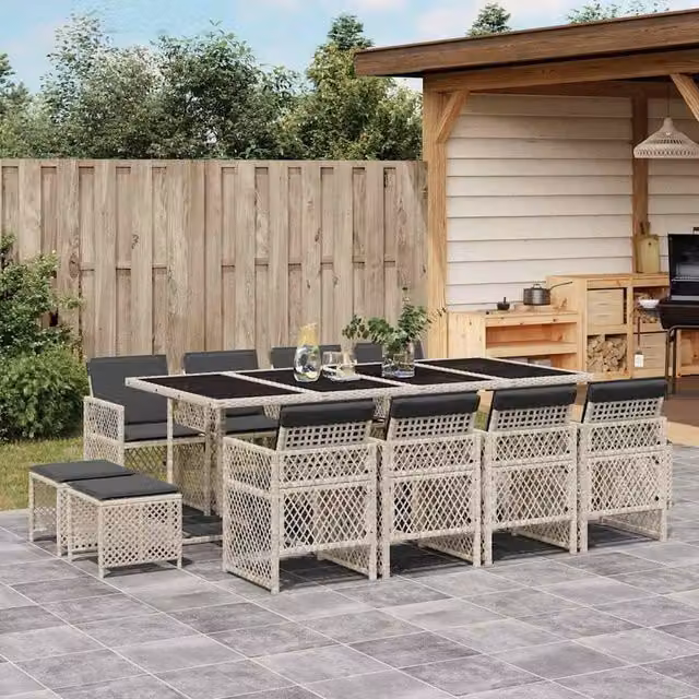 Berkfield Home 13 Piece Grey Poly Rattan Garden Dining Set with Cushions and Glass Table
