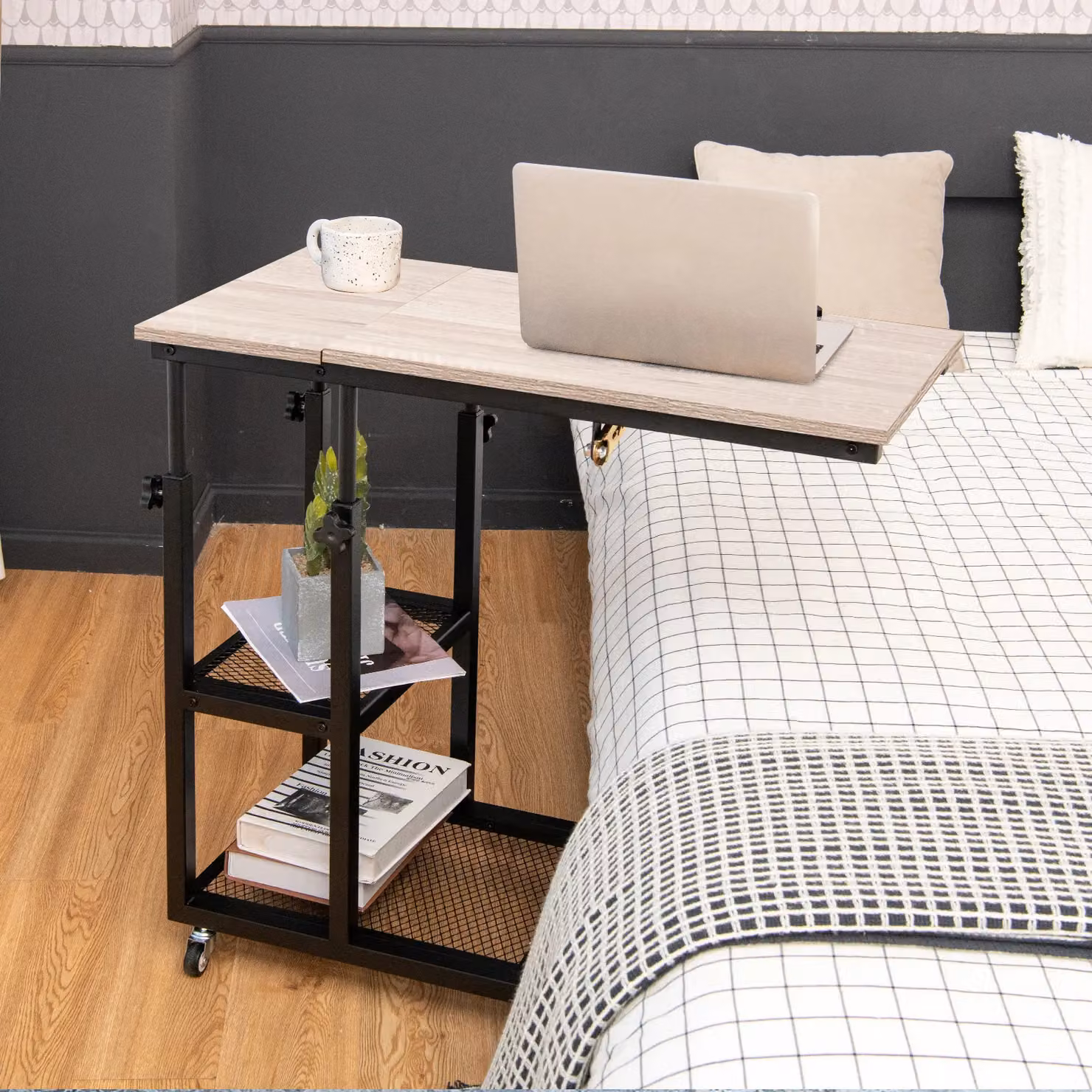 Costway C-Shaped Adjustable Bedside Table in Natural with Tiltable Top and Wheels – 5