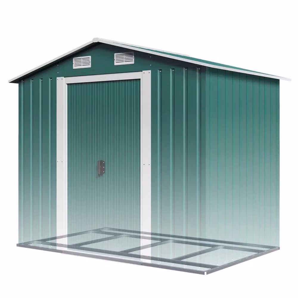 FLAVORA Green Galvanised Steel Metal Garden Shed with Double Doors and Gable Roof, W/D/H: 186.0 x 121.92 x 196.0 cm – 2