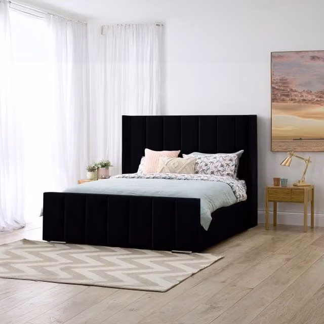 Desire Deco Danica Upholstered Velvet Bed Frame, Black, 140 x 200 cm
