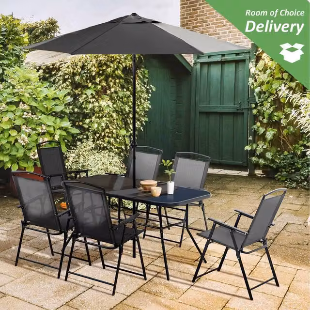 Outsunny 8 Piece Black Garden Furniture Set with Glass Table and Parasol