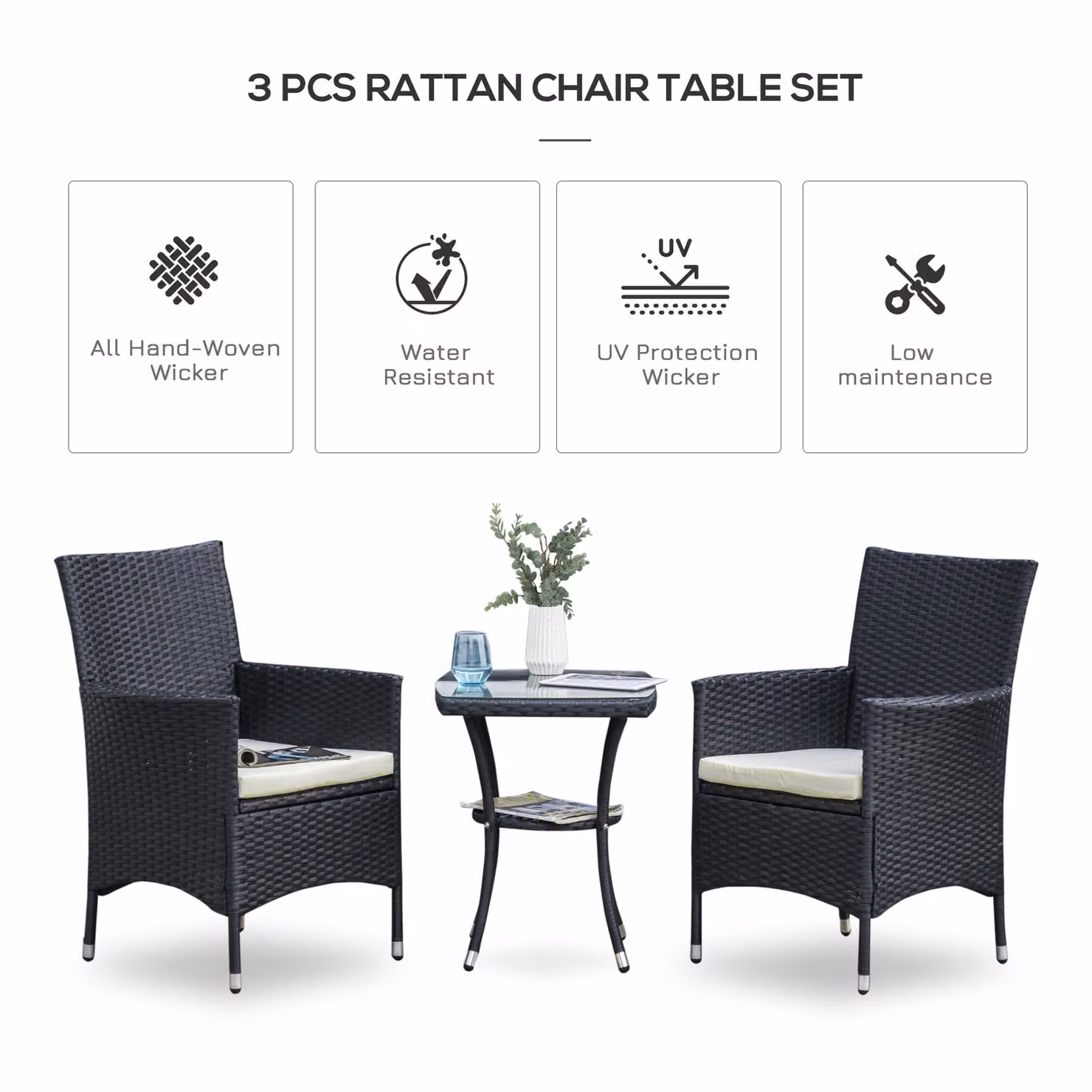 Outsunny 3 Piece Rattan Bistro Set with Wicker Chairs, Table and Cushions in Black – 4