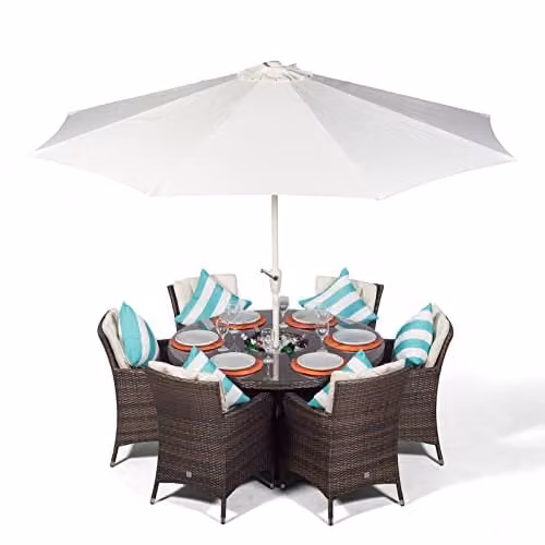 Thats Furniture Savannah 6 Seater Round Rattan Garden Dining Set with Ice Bucket Drinks Cooler in Brown and Grey – 1